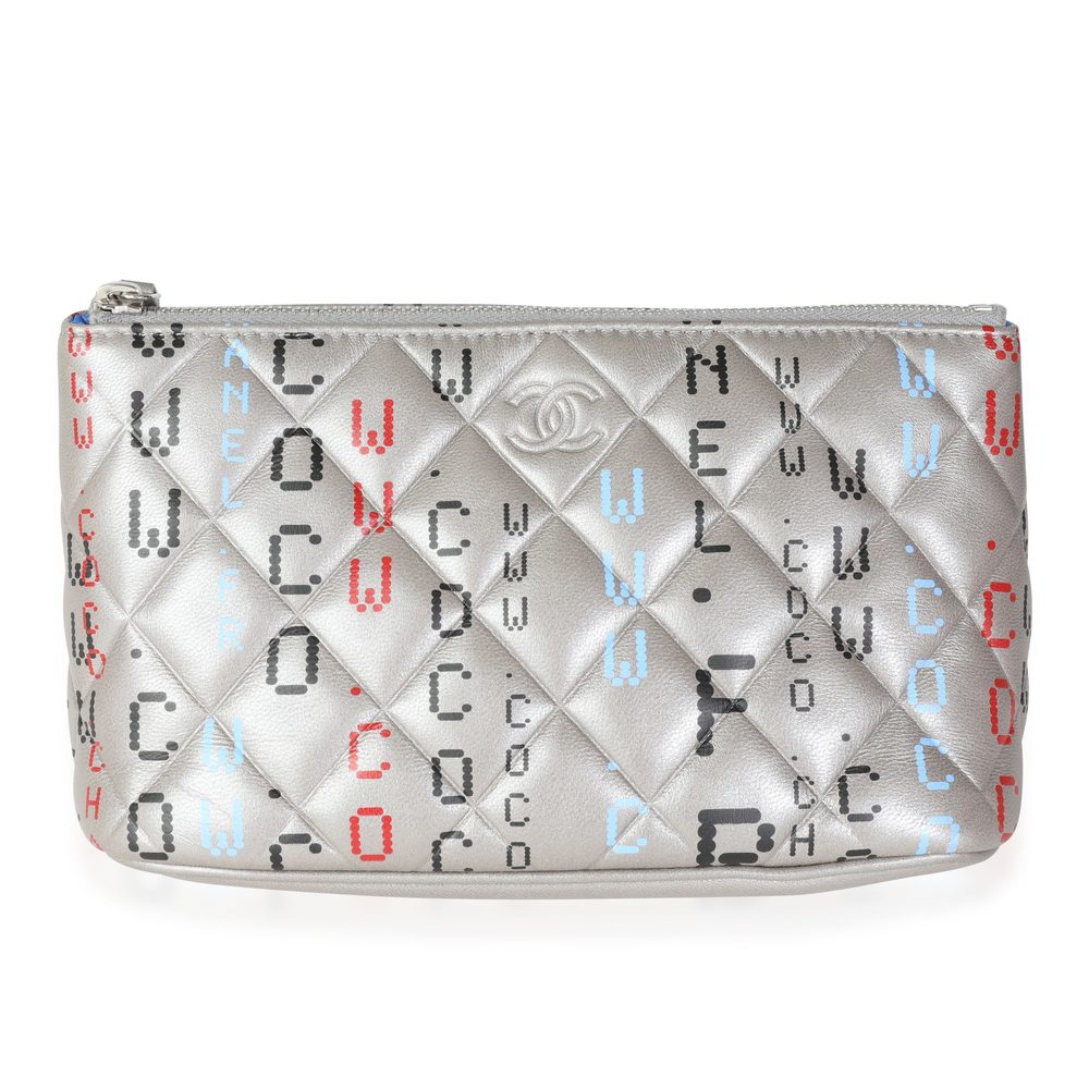Chanel Limited Edition Silver Quilted Lambskin Data Center Print Zip Pouch